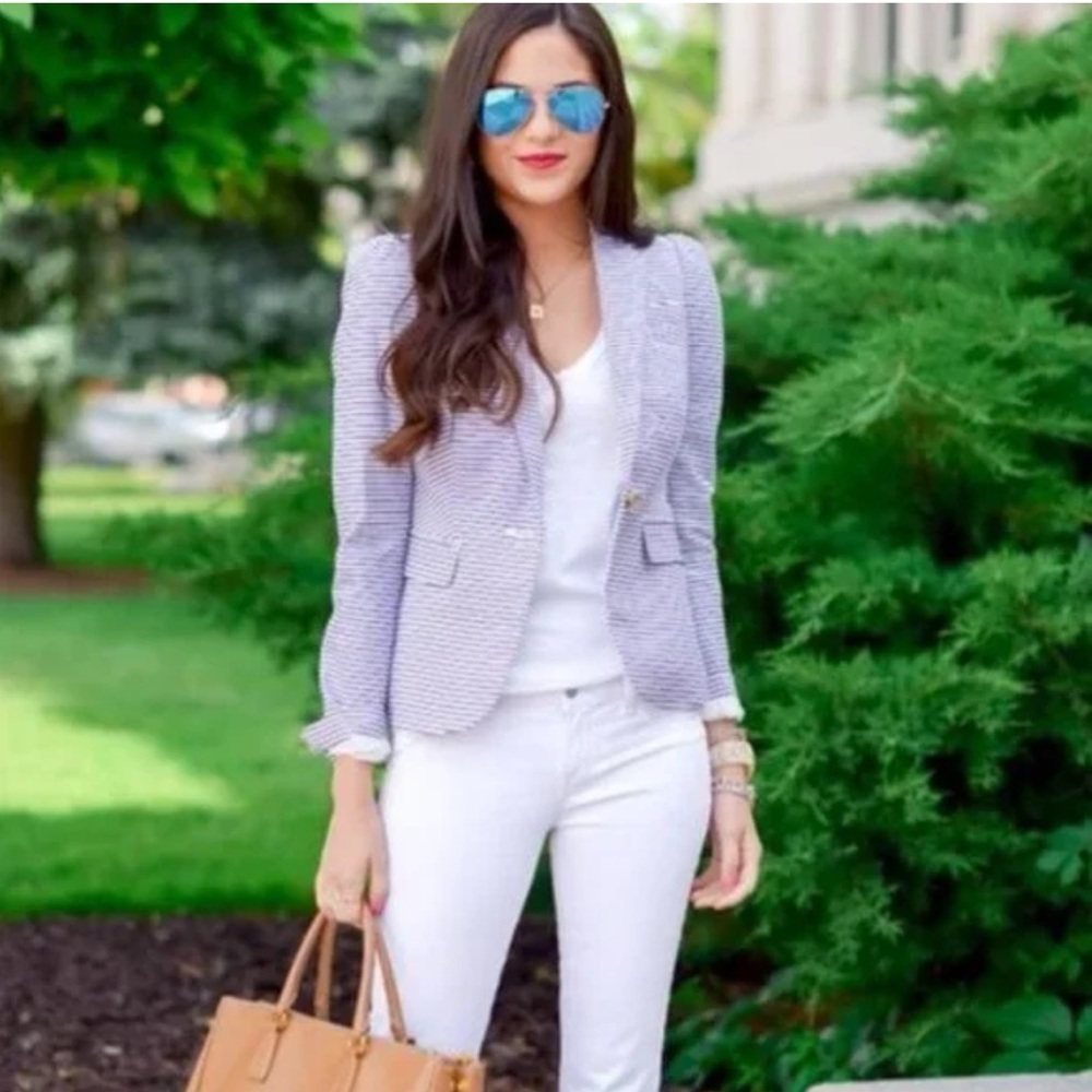 J CREW Cotton Blue/White striped Puff Sleeve Blazer Women’s Sz 0